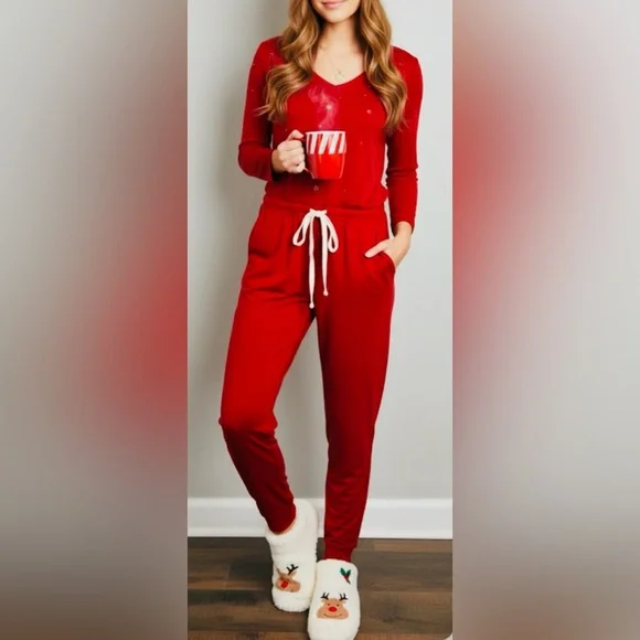 Albion The Merry Jumpsuit XS Red Bamboo V-neck Jersey Lounge Wear Long Sleeve - Picture 1 of 5